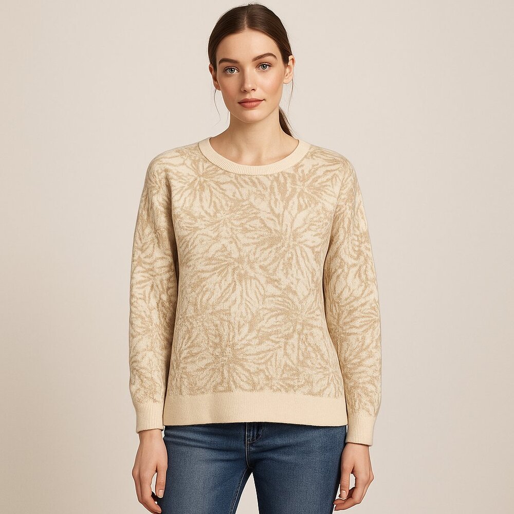 G.H. Bass & Co. Cream Tan Floral Knit Sweater Size Large 100% Cotton Cozy Fall